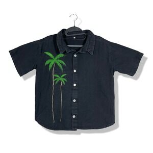Vintage Palm Tree Parrot Embroidered Shirt Mens Medium Black Tropical Beach